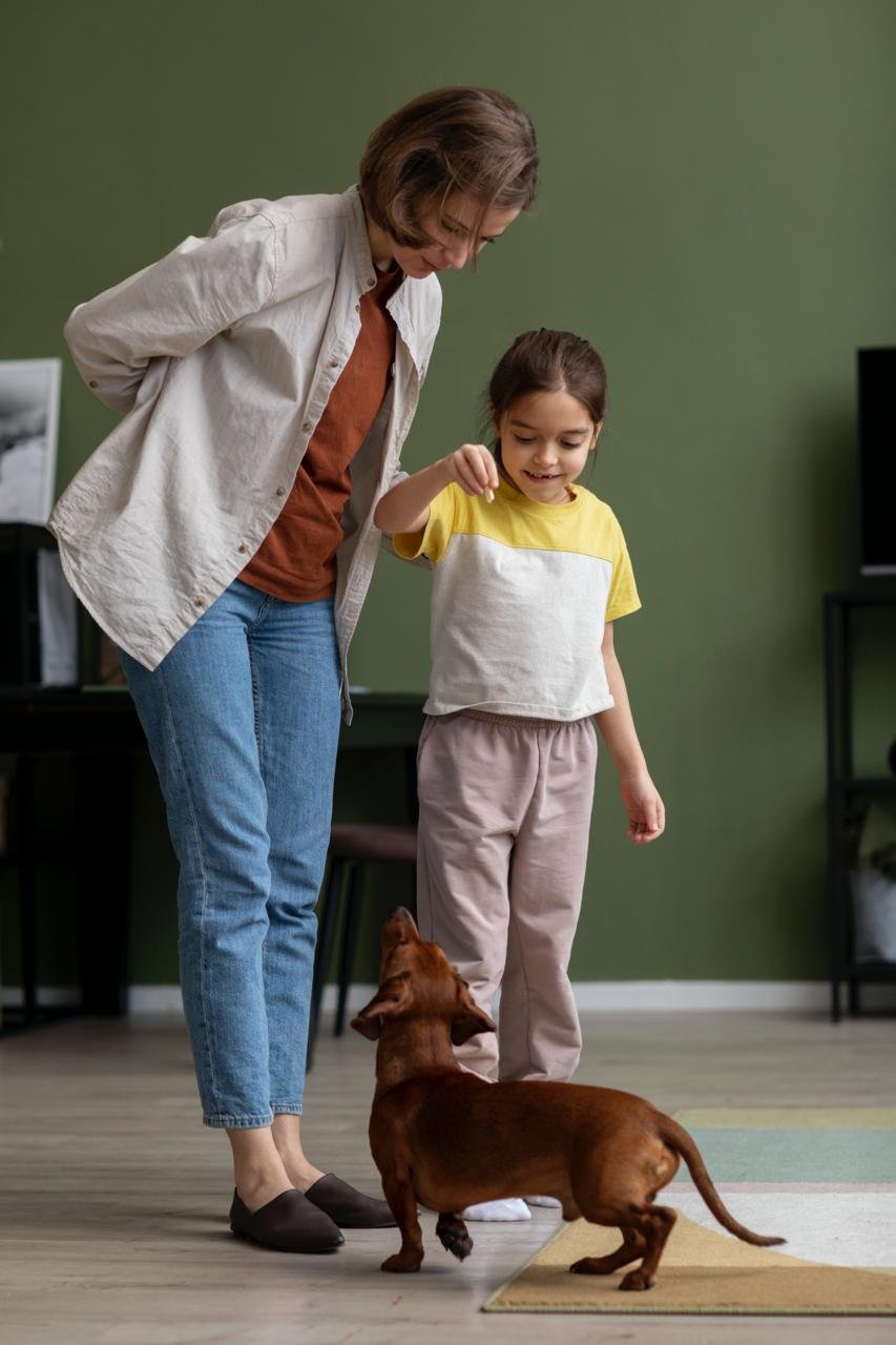 Woman and girl playing with a dachshund at home