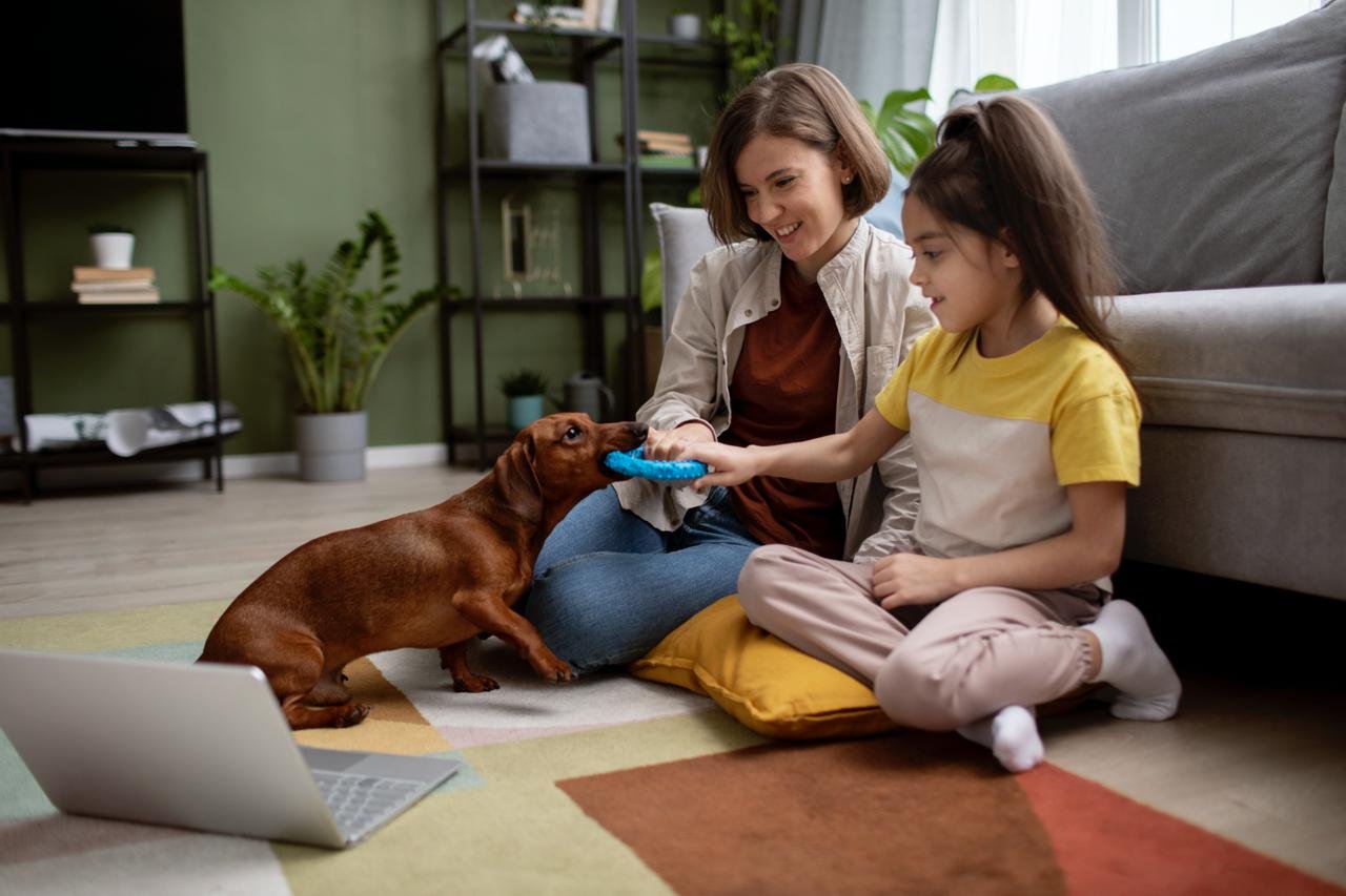 Woman and girl playing with a dachshund in a living room