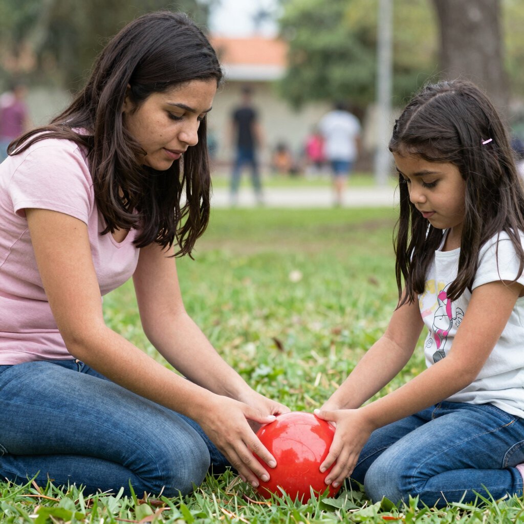 Woman and girl playing with a red ball on the grass