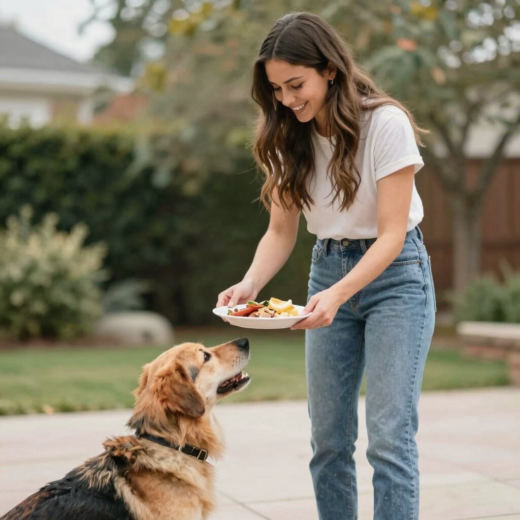 Pet sitter serving food to a golden retriever outdoors