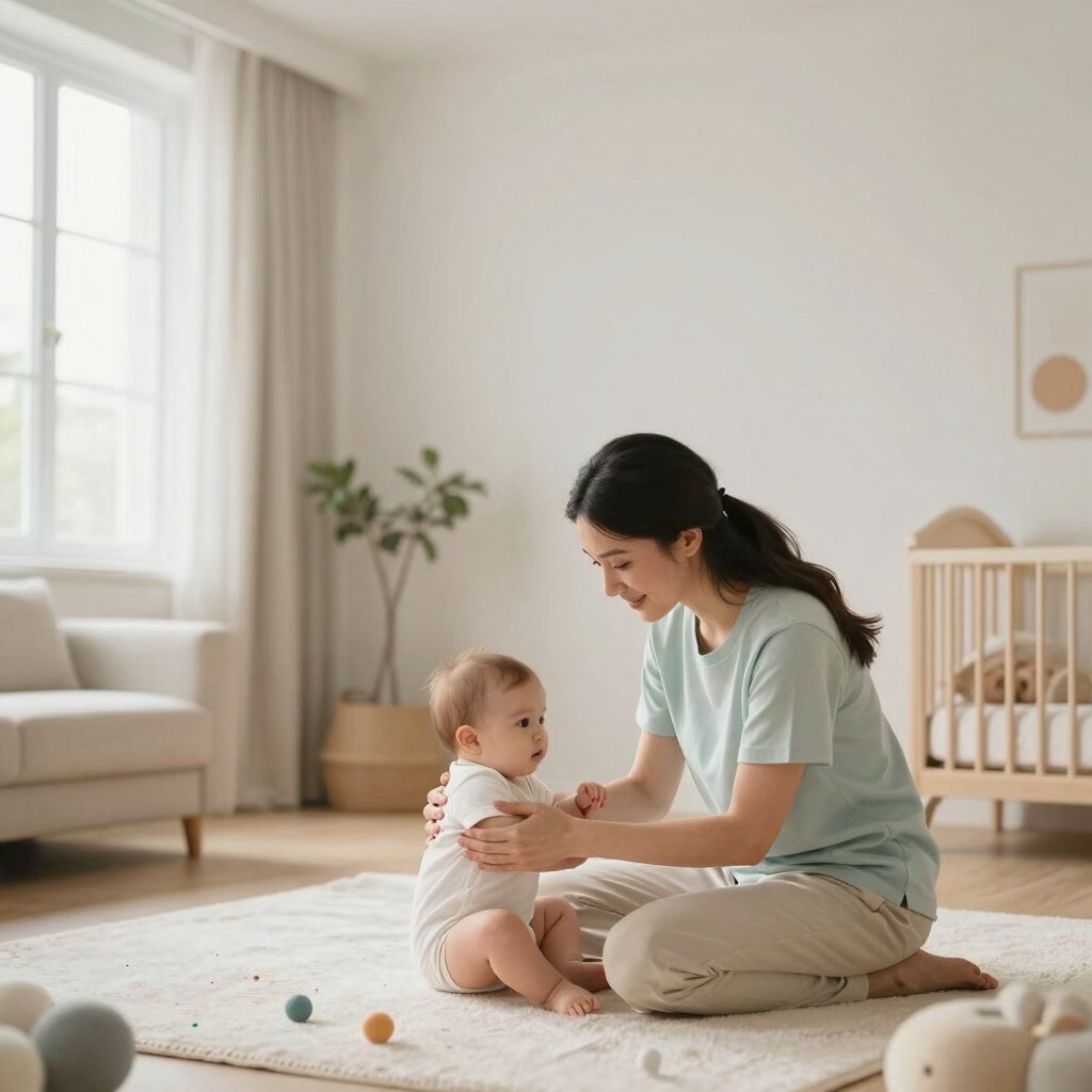 Babysitter playing with a baby on a play mat