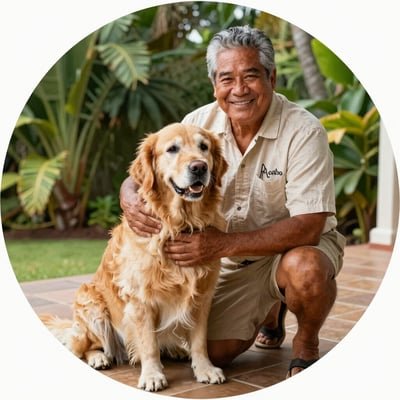 Smiling man kneeling next to his golden retriever