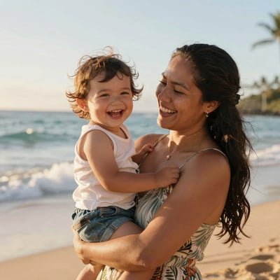 Mother holding her laughing child on the beach