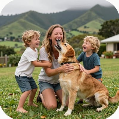 Woman and two boys playing with a golden retriever on the grass